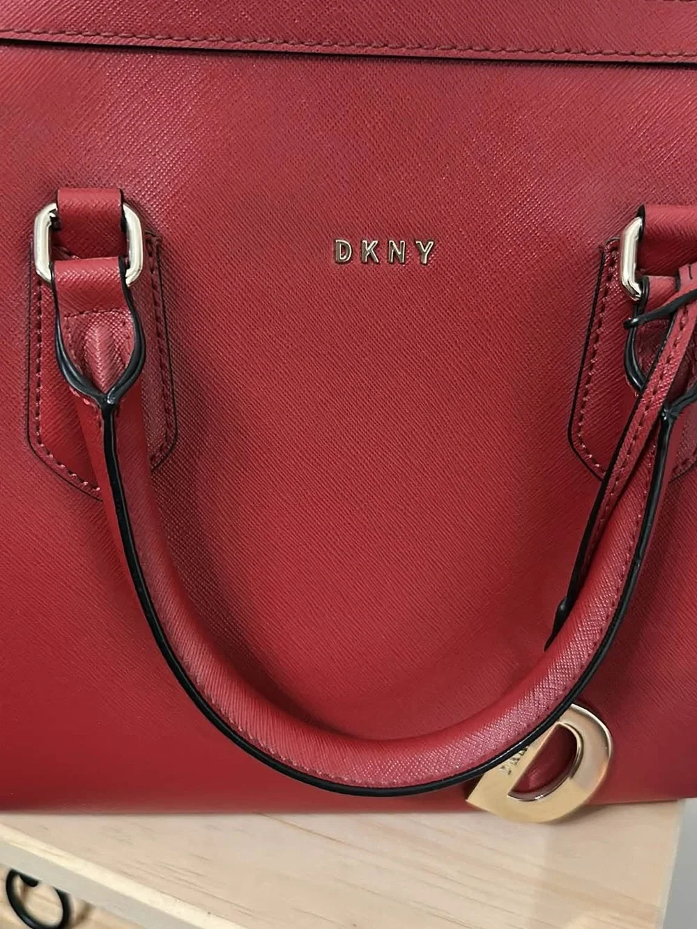 Inspired DKNY Red Pebbled Leather Dome Satchel with Charm Accent